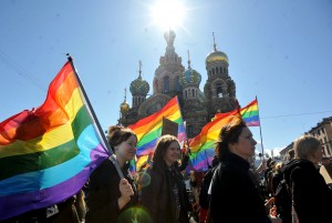 Gay rights activists march in Russia's second city of St. Petersburg May 1, 2013, during their rally against a controversial law in the city that activists see as violating the rights of gays. AFP PHOTO / OLGA MALTSEVA (Photo credit should read OLGA MALTSEVA/AFP/Getty Images)