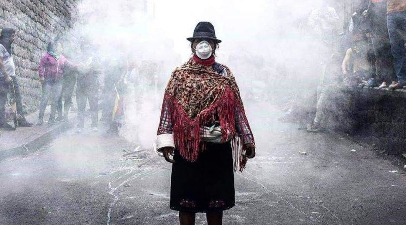 Una mujer con traje tradicional boliviano y mascarilla posa frente al humo de gases lacrimogenos