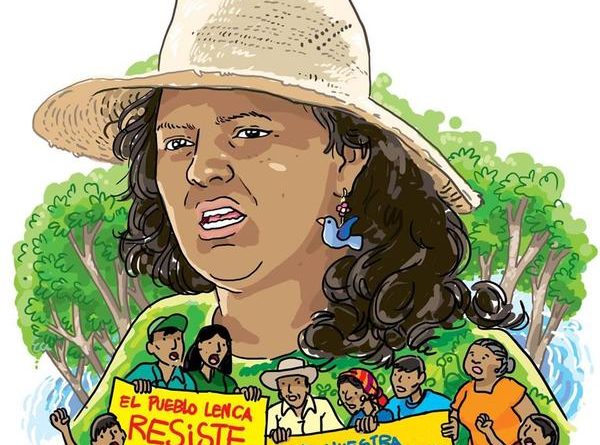 Dibujo, Cara de Berta Caceres y varias personas sosteniendo dos pancartas que rezan: "El pueblo Lenca resiste" y "Por nuestra tierra y nuestro agua"