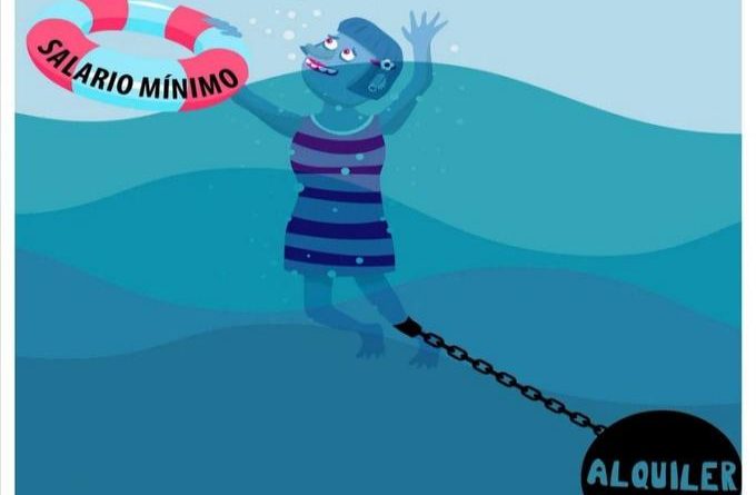 Ilustración de una mujer nadando agarrandose a un flotador en el que pone "Salario Mínimo" y siendo arrastrada por un lastre en el que pone "Alquiler"